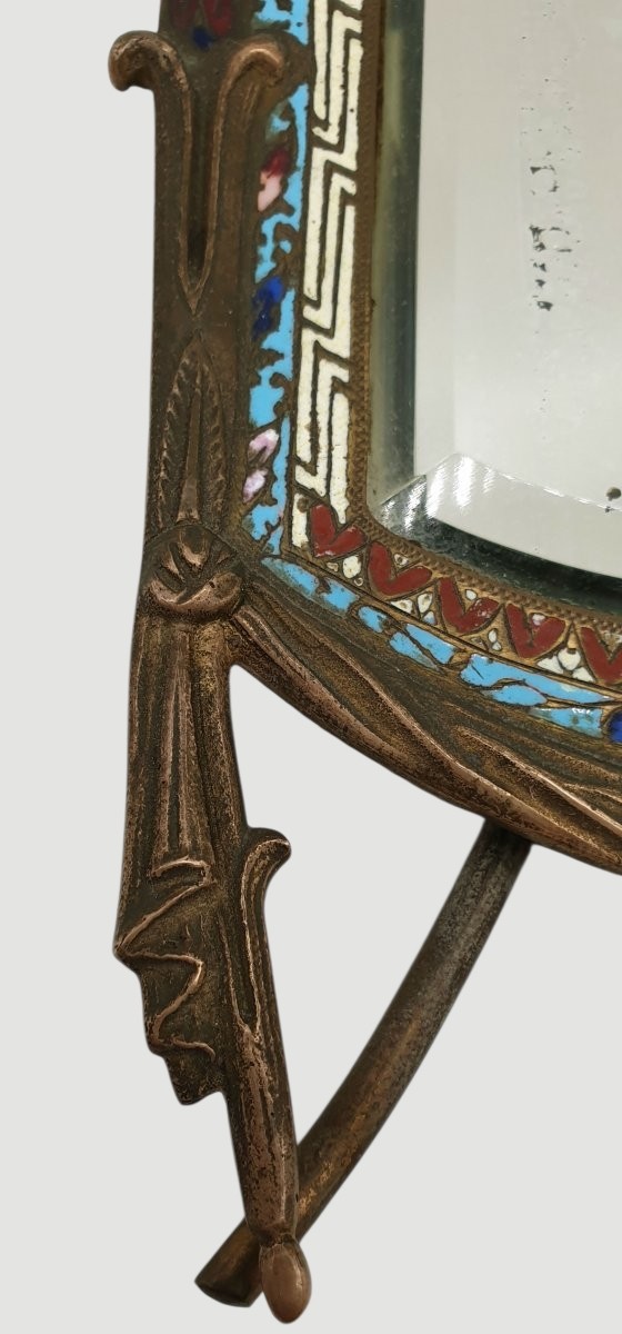 Barbediennes miroir à poser de toilette rocaille en bronze à décor cloisonné émaillé polychrome-photo-3