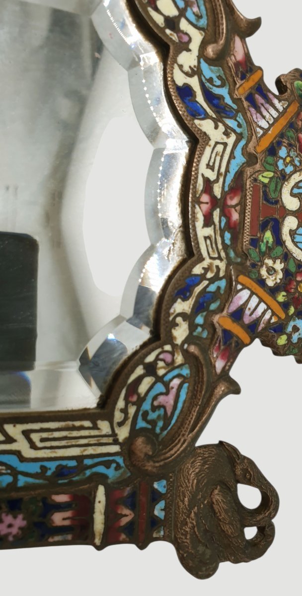 Barbediennes miroir à poser de toilette rocaille en bronze à décor cloisonné émaillé polychrome-photo-1
