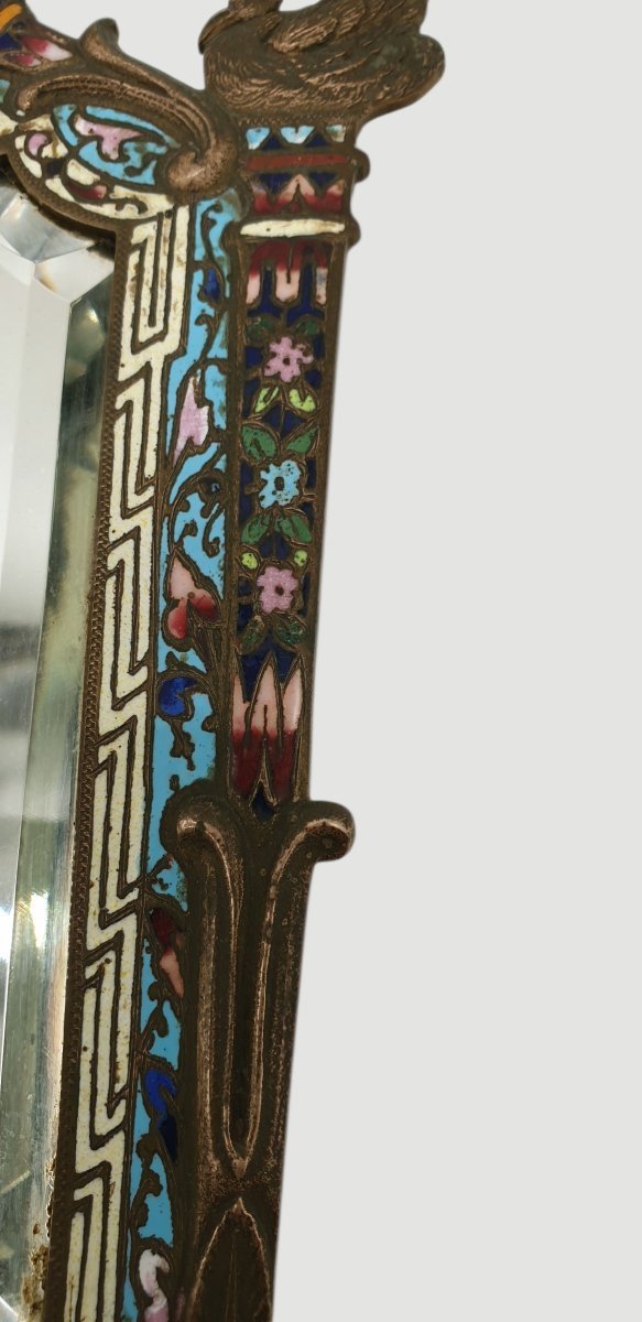 Barbediennes miroir à poser de toilette rocaille en bronze à décor cloisonné émaillé polychrome-photo-3