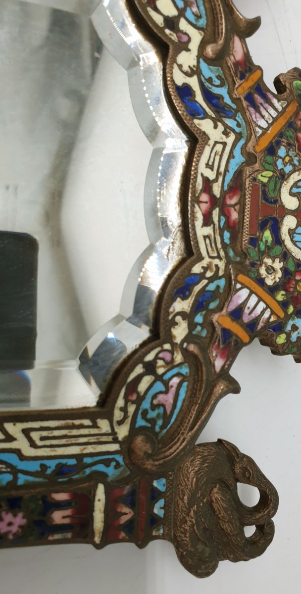 Barbediennes miroir à poser de toilette rocaille en bronze à décor cloisonné émaillé polychrome-photo-4