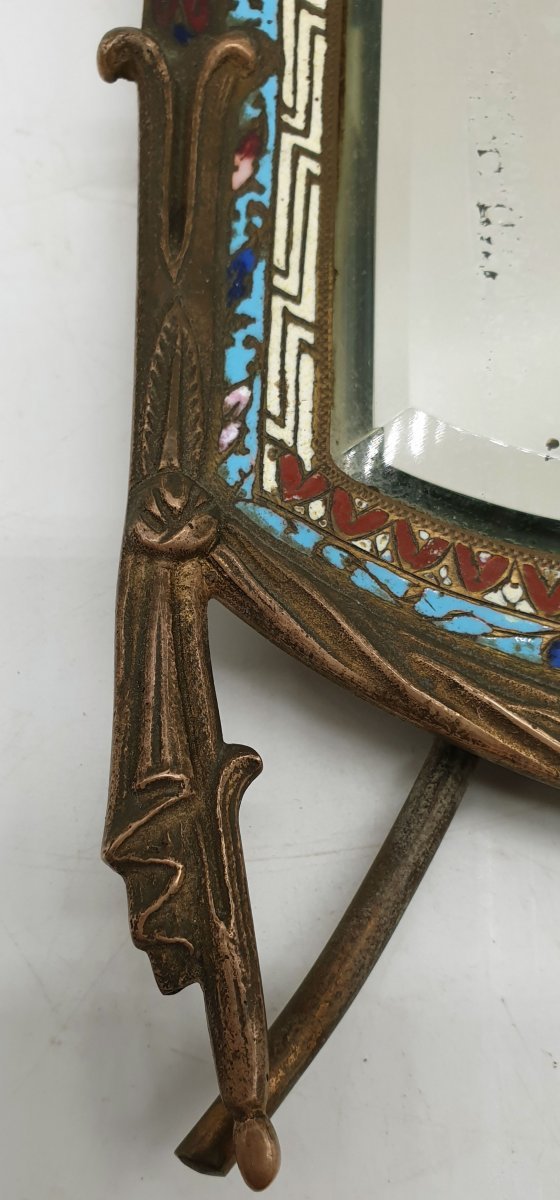 Barbediennes miroir à poser de toilette rocaille en bronze à décor cloisonné émaillé polychrome-photo-5