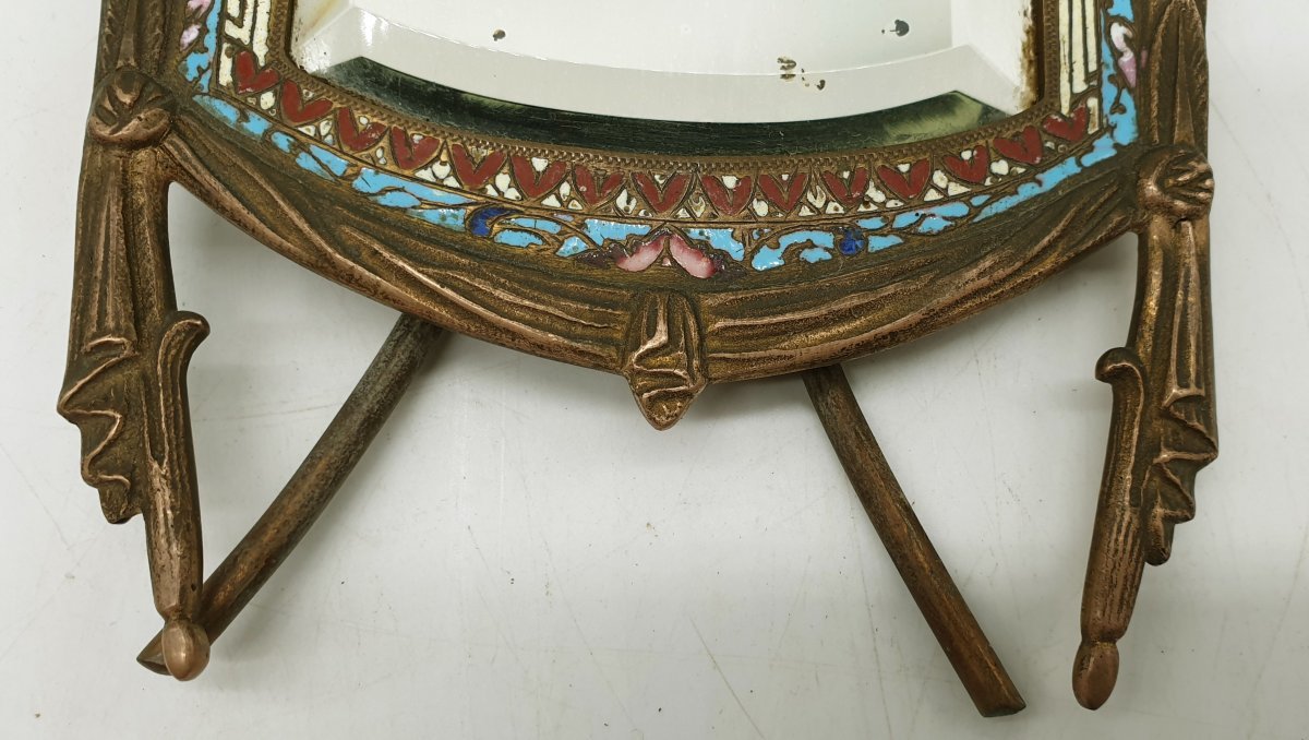 Barbediennes miroir à poser de toilette rocaille en bronze à décor cloisonné émaillé polychrome-photo-6