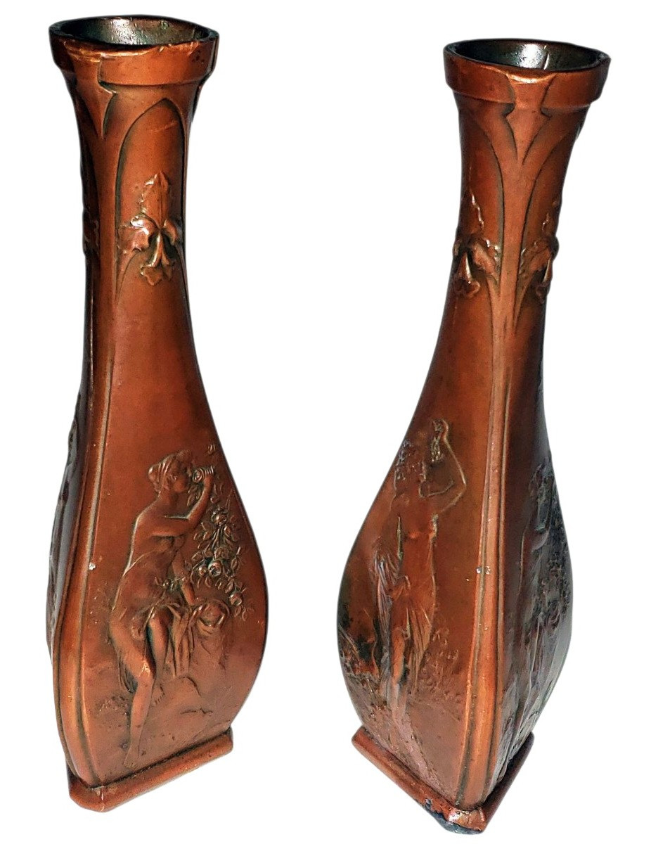Pair Of Art Nouveau Vases Decorated On Three Sides-photo-3