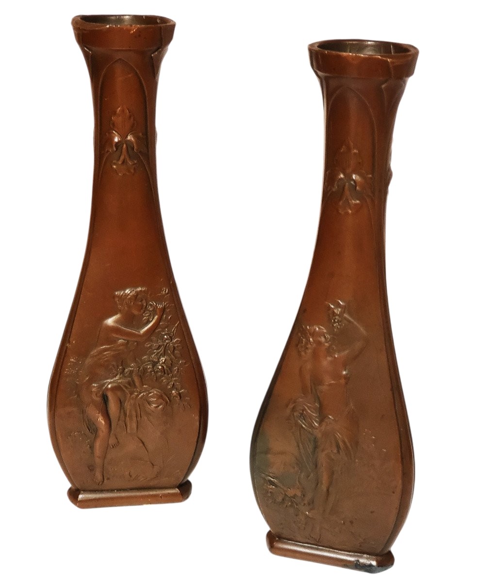 Pair Of Art Nouveau Vases Decorated On Three Sides