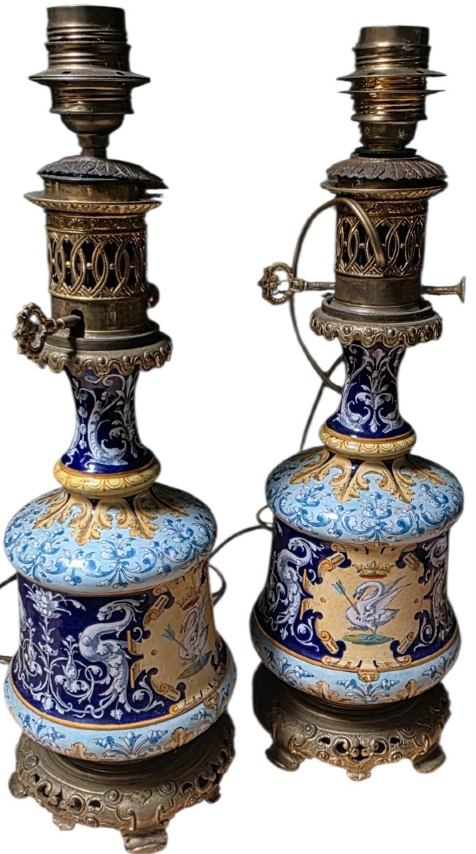 Ulysse A Blois Pair Of Electrified Earthenware Kerosene Lamps