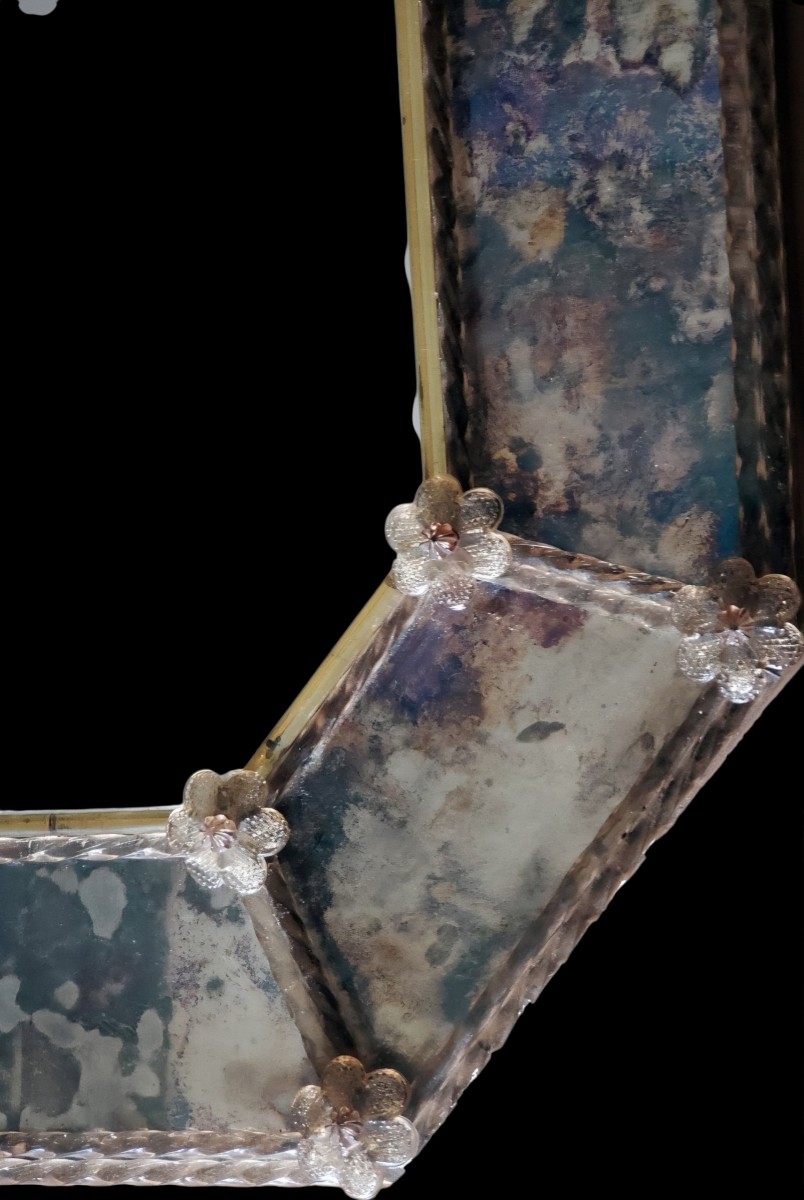 Murano Venice Mirror With Gold Glitter Bezels And Eglomized Glass Circa 1950-photo-2