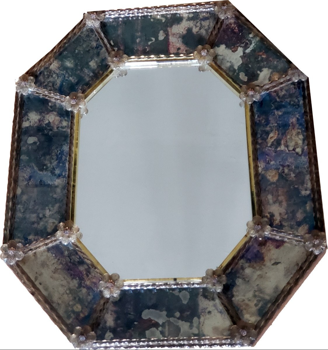 Murano Venice Mirror With Gold Glitter Bezels And Eglomized Glass Circa 1950