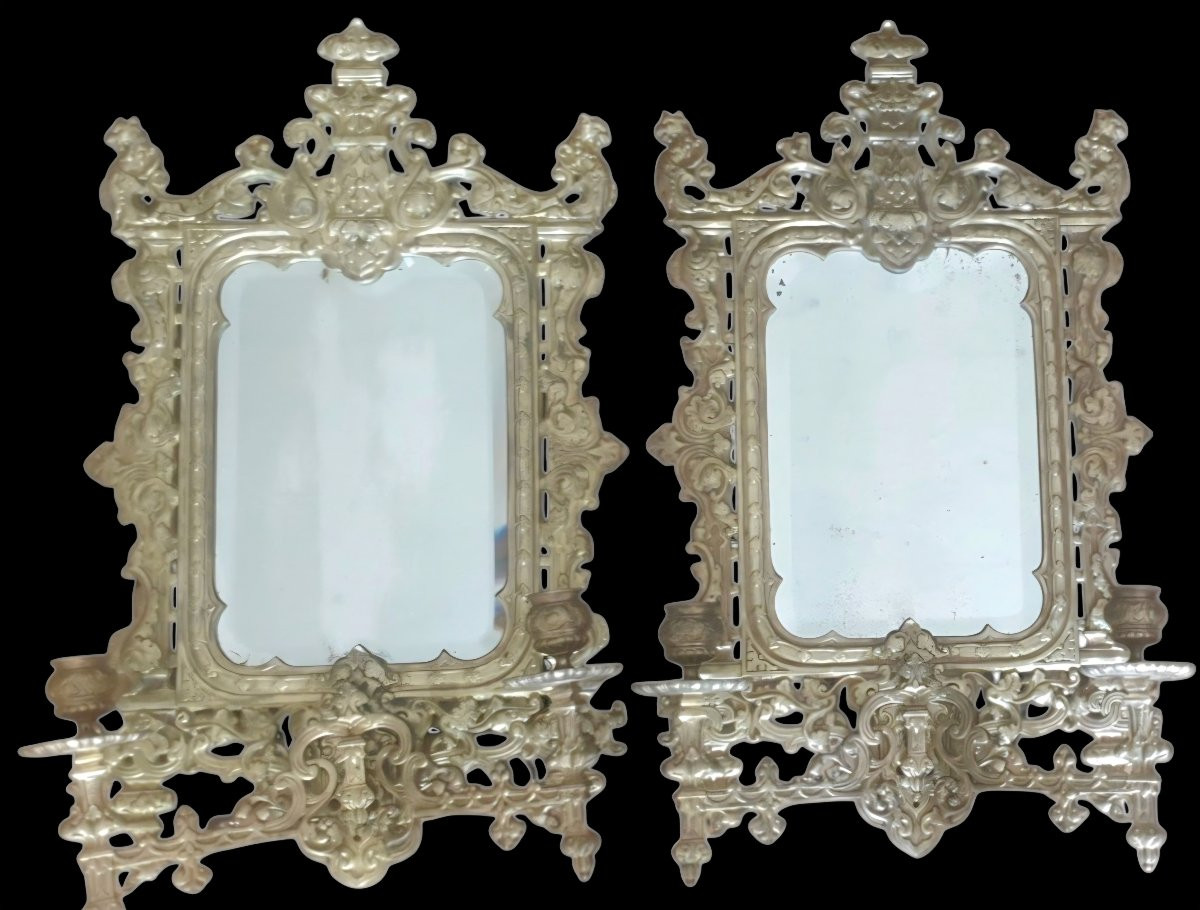 Paire d'appliques rectangulaires en bronze doré Style néo-renaissance XIXème-photo-6