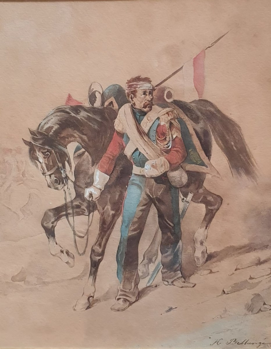 Hippolyte Bellangè Watercolor Wounded Lancer On Horseback