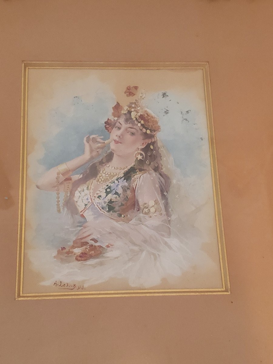 Auguste Leroux aquarelle orientaliste femme de profil au cigare 1898-photo-3