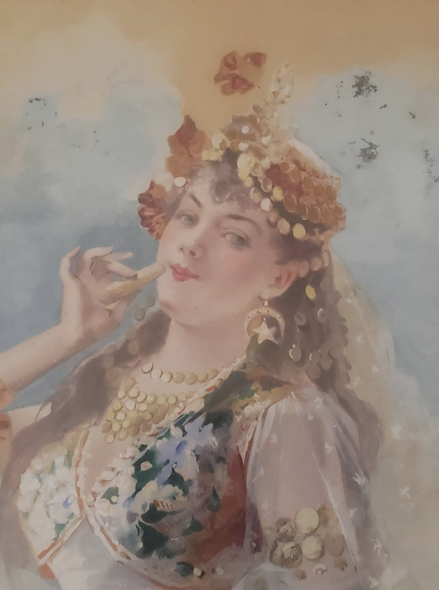 Auguste Leroux aquarelle orientaliste femme de profil au cigare 1898-photo-4
