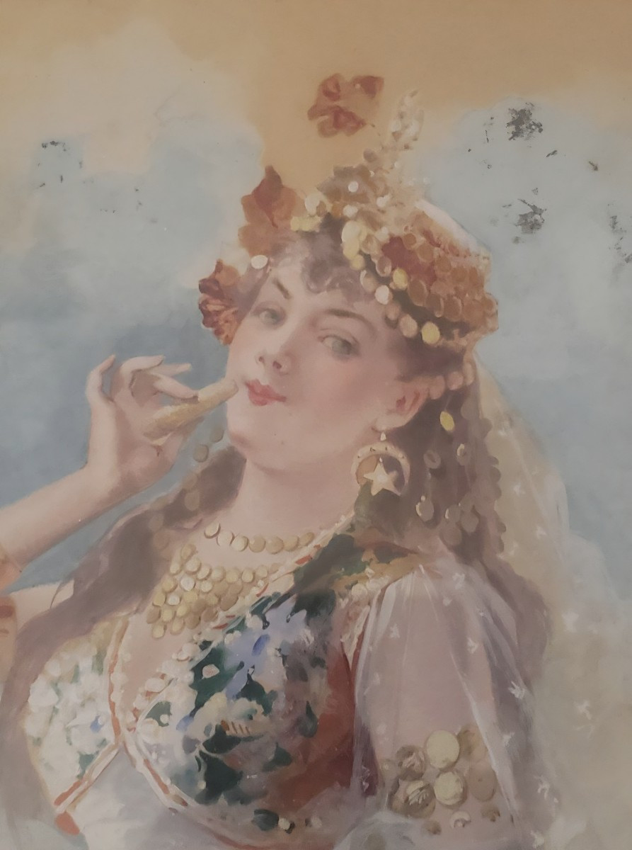 Auguste Leroux aquarelle orientaliste femme de profil au cigare 1898