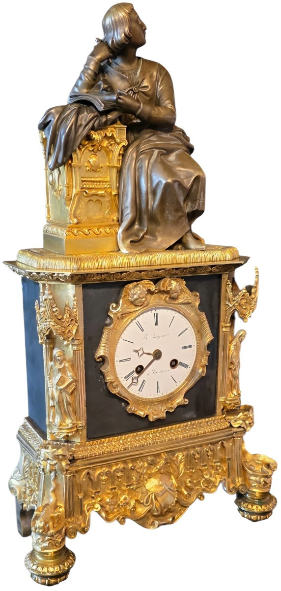Importante pendule en bronze doré symbole franc maçonnerie sculpture sapho a la lecture James p-photo-2