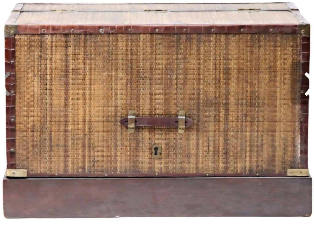 Malle lit de voyage vers 1900 bambou tressé et rangement intérieur cuir -photo-2