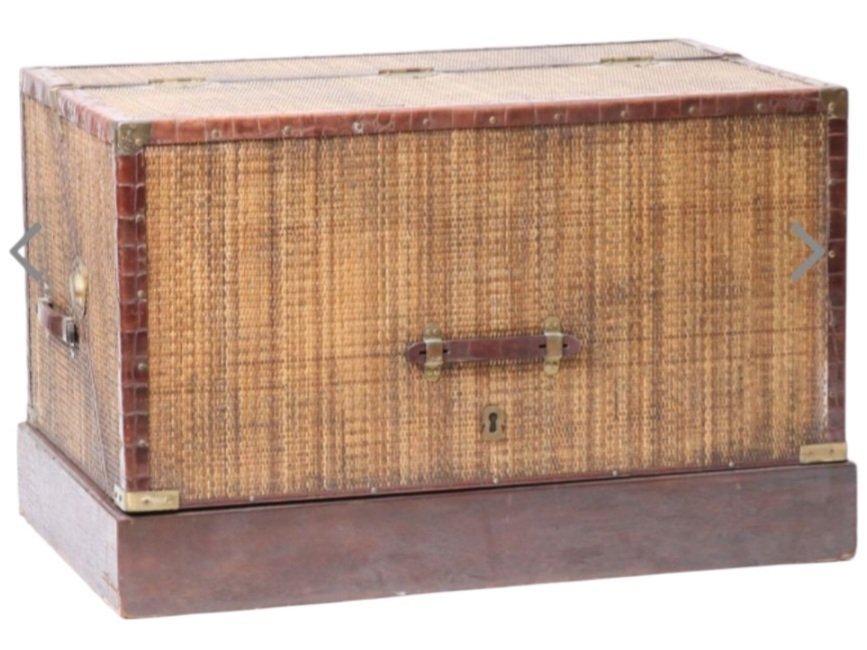 Malle lit de voyage vers 1900 bambou tressé et rangement intérieur cuir -photo-3