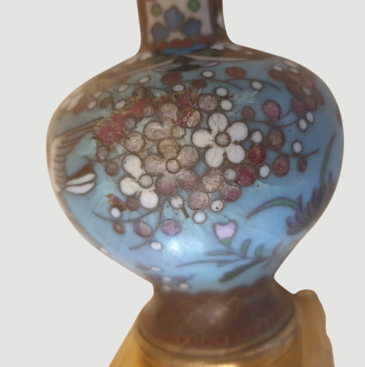 Paire de vases bouteilles chinoise en cloisonné sur socles en bronze doré XIXème-photo-1