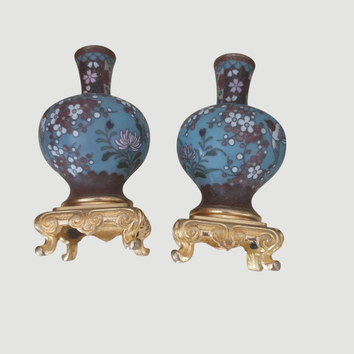 Paire de vases bouteilles chinoise en cloisonné sur socles en bronze doré XIXème-photo-4
