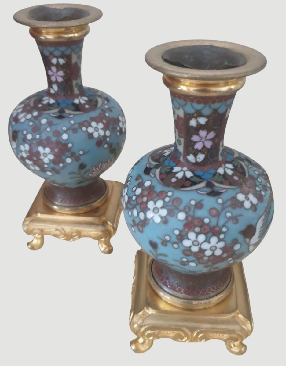 Paire de vases bouteilles chinoise en cloisonné sur socles en bronze doré XIXème