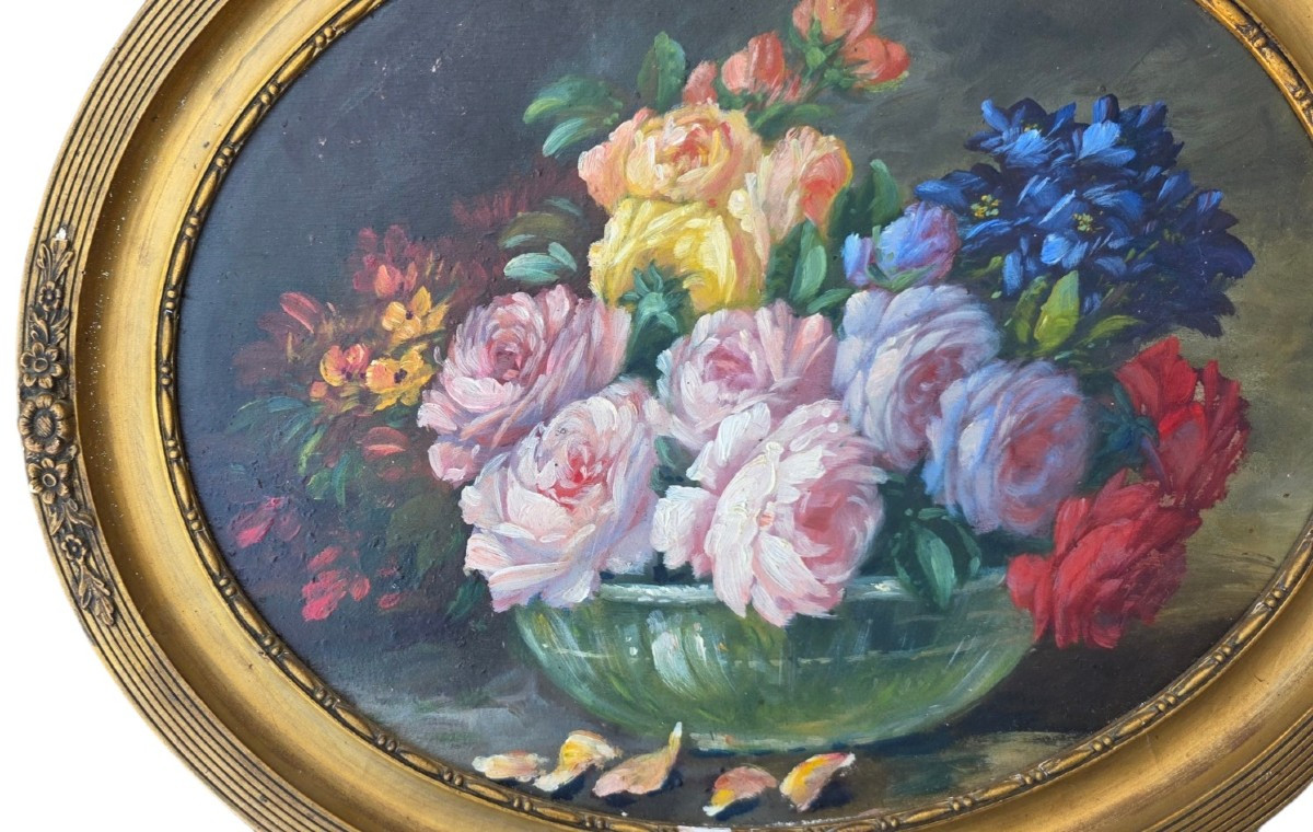 Huile sur panneau bouquet de rose art déco circa 1930-photo-3