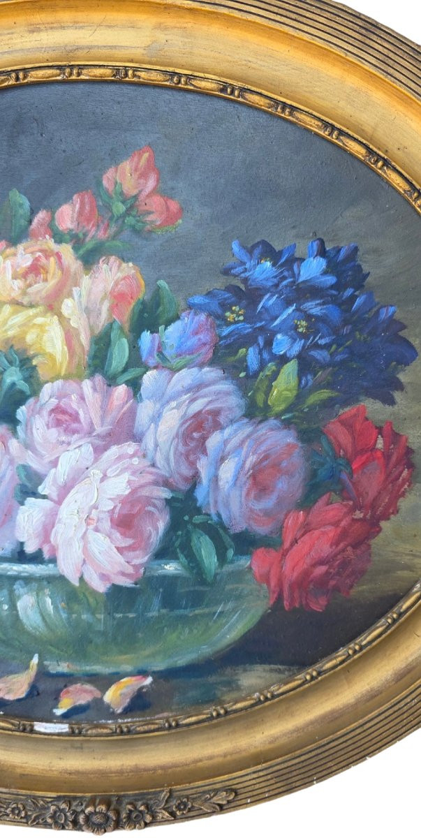 Huile sur panneau bouquet de rose art déco circa 1930-photo-2