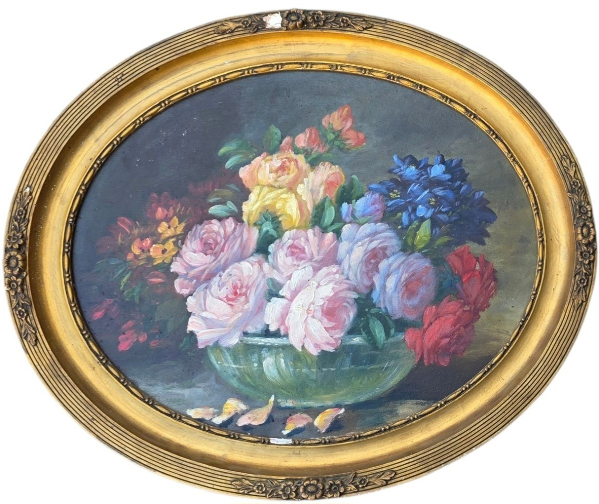 Huile sur panneau bouquet de rose art déco circa 1930
