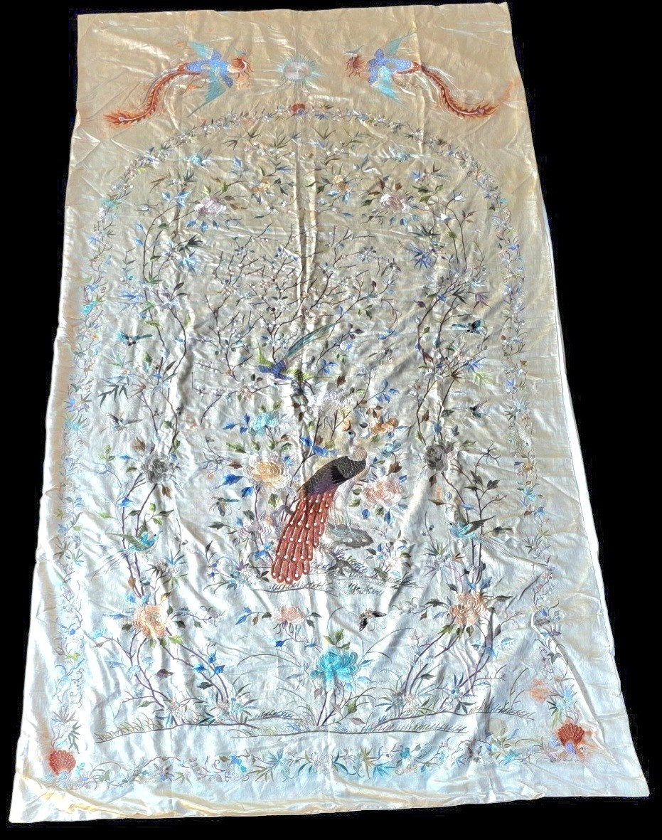Chine broderie sur soie 4 m² 275 X 145 cm XIXeme 中国丝绸刺绣