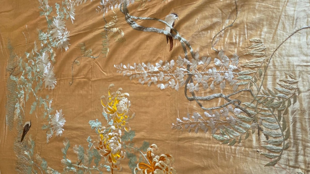 China Embroidery On Silk Caton 3 M² 175 X 180 Cm XIXeme 中国丝绸卡顿刺绣 3 平方米 175 X 180 厘米 19 世纪-photo-3