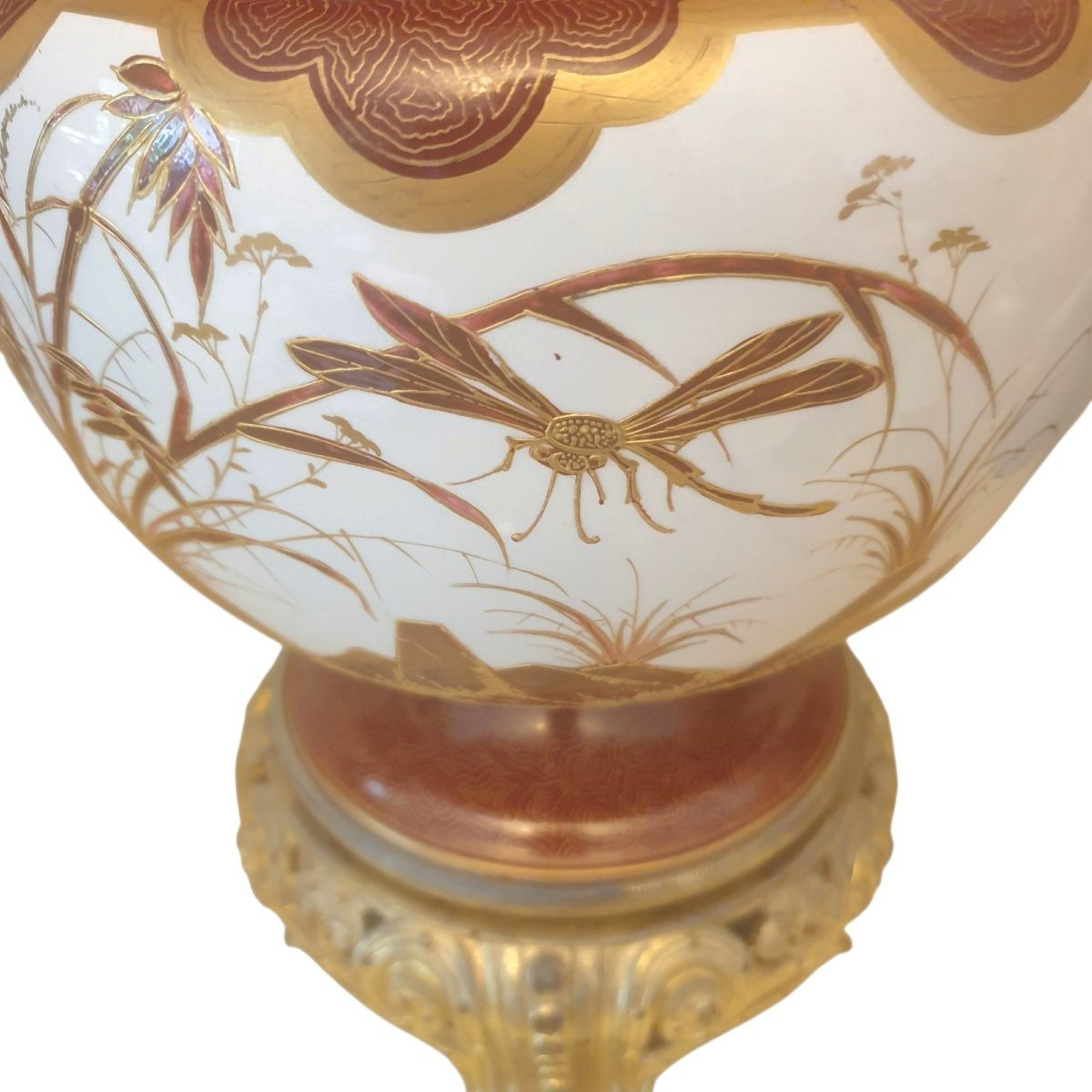 Japon cache pot XIXeme porcelaine bronze doré chimères libellule grue Théodore DECK-photo-4
