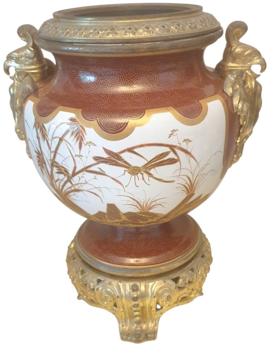 Japon cache pot XIXeme porcelaine bronze doré chimères libellule grue Théodore DECK