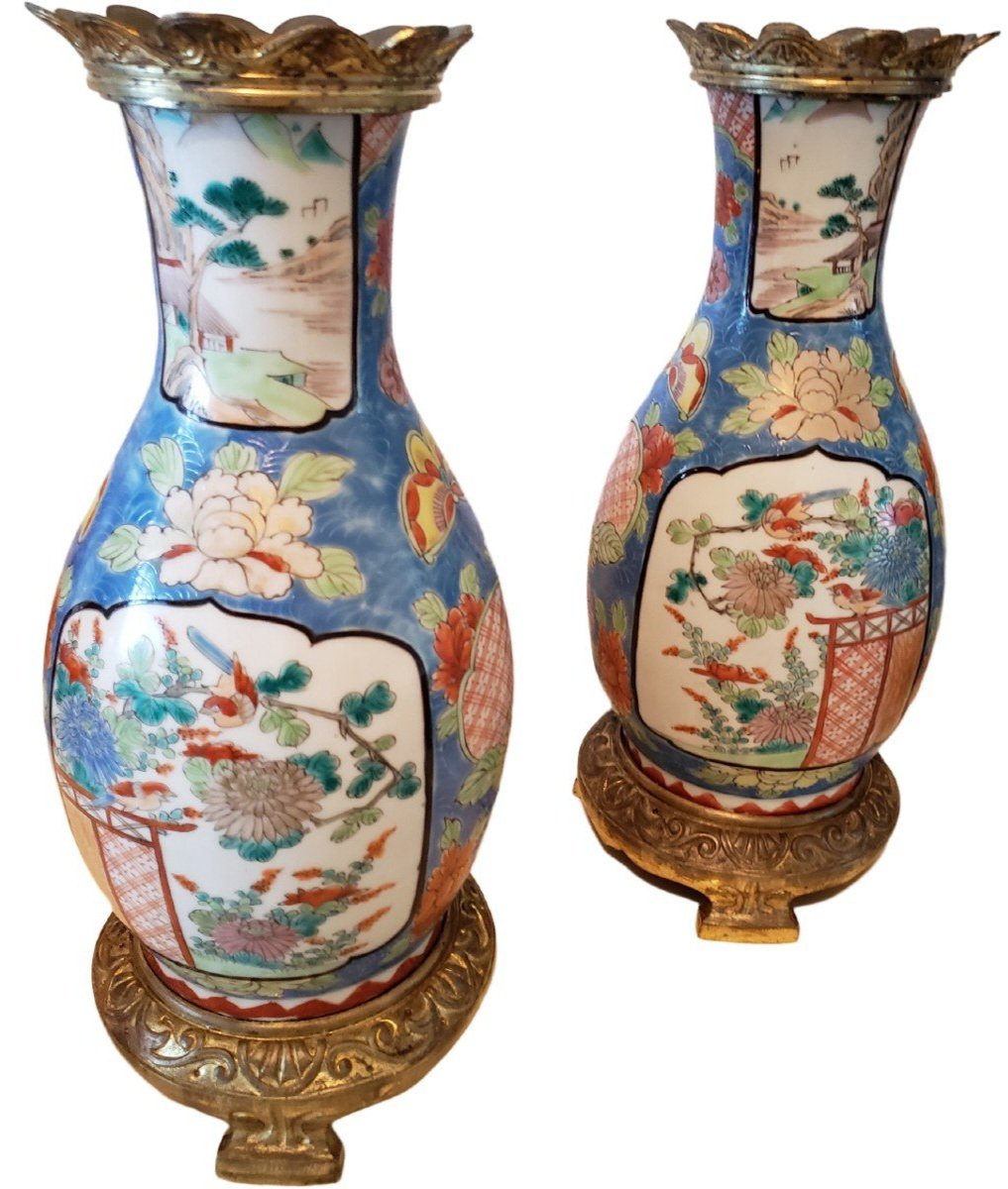 Japan Imari Arista Pair Of Porcelain Vases Mounted Gilt Bronze 日本伊万里アリスタ一対の磁器花瓶、金メッキブロンズに取り付けら-photo-3