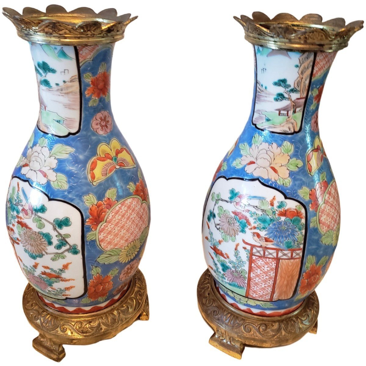 Japan Imari Arista Pair Of Porcelain Vases Mounted Gilt Bronze 日本伊万里アリスタ一対の磁器花瓶、金メッキブロンズに取り付けら-photo-4