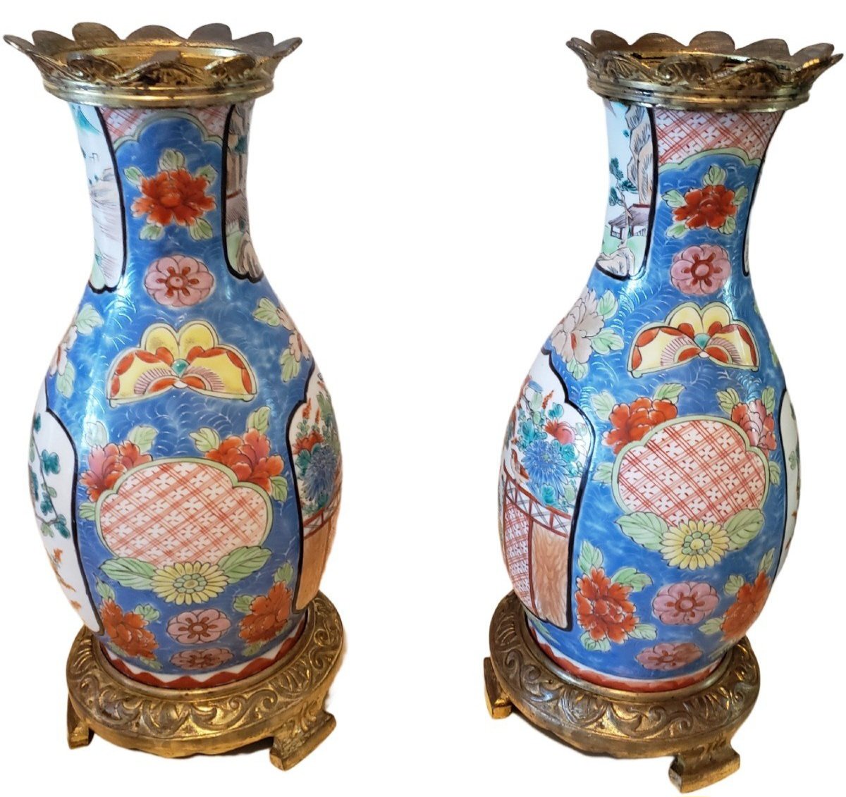 Japan Imari Arista Pair Of Porcelain Vases Mounted Gilt Bronze 日本伊万里アリスタ一対の磁器花瓶、金メッキブロンズに取り付けら-photo-1