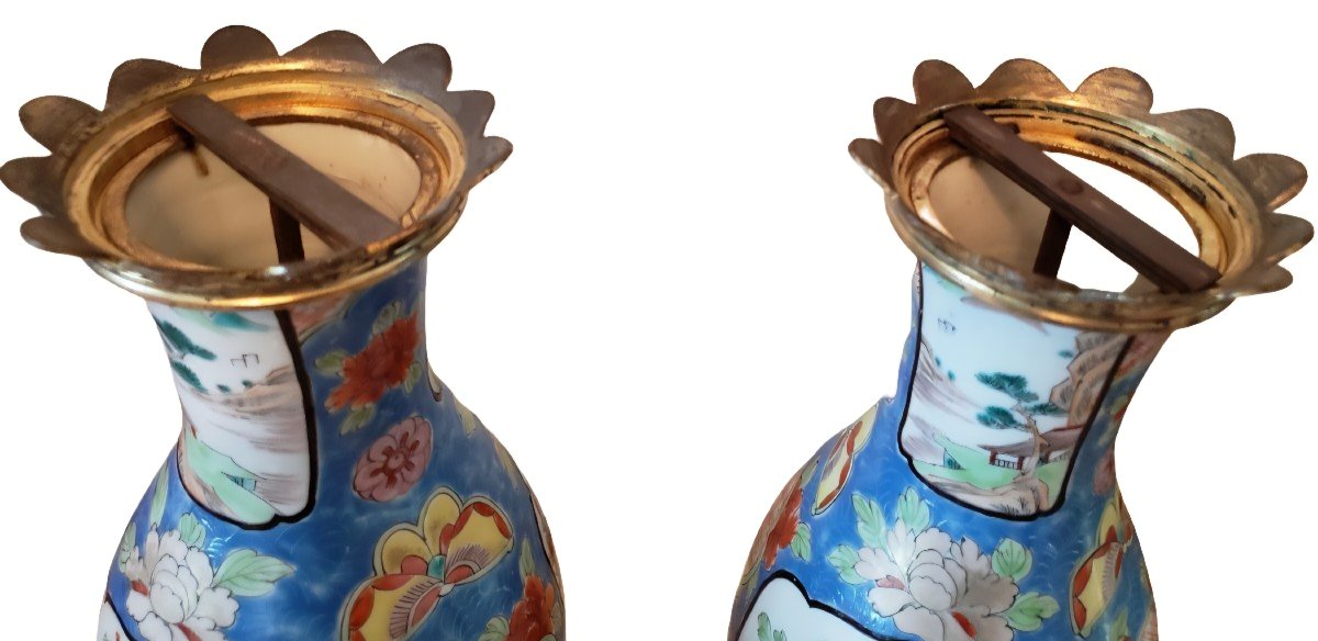 Japan Imari Arista Pair Of Porcelain Vases Mounted Gilt Bronze 日本伊万里アリスタ一対の磁器花瓶、金メッキブロンズに取り付けら-photo-2
