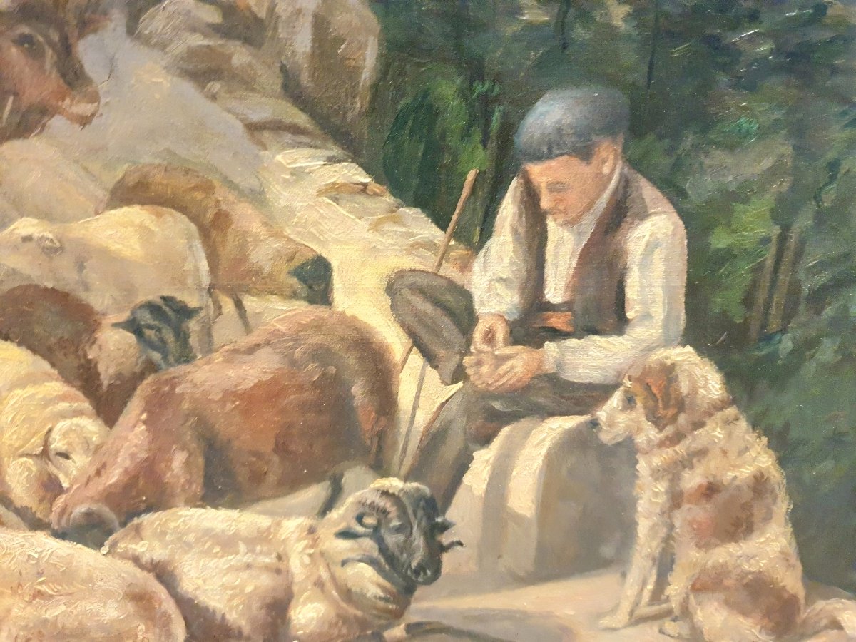 Grande huile sur toile berger en transhumance dans les Pyrénées XIXeme -photo-2