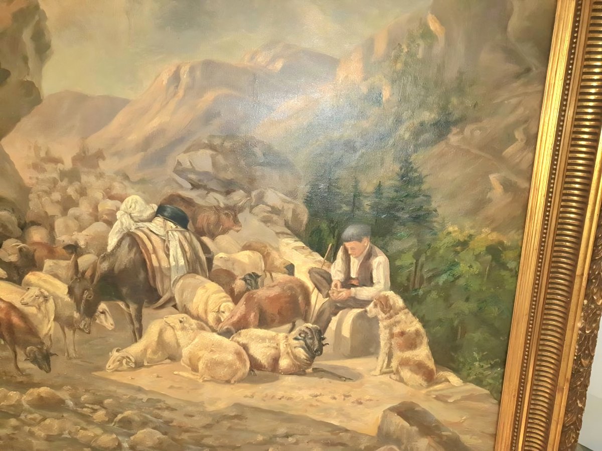 Grande huile sur toile berger en transhumance dans les Pyrénées XIXeme -photo-4