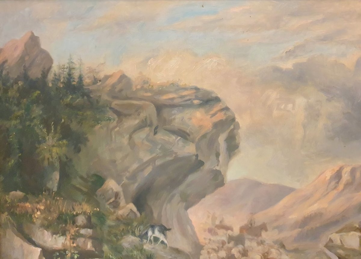 Grande huile sur toile berger en transhumance dans les Pyrénées XIXeme -photo-1
