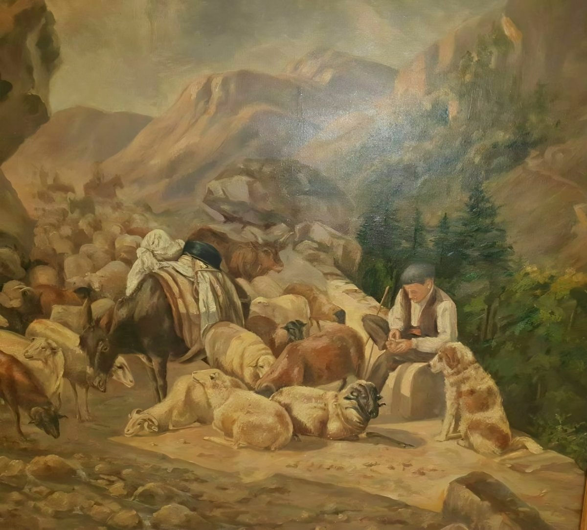 Grande huile sur toile berger en transhumance dans les Pyrénées XIXeme -photo-2