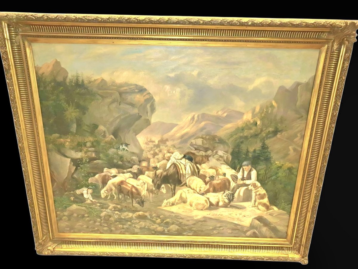 Grande huile sur toile berger en transhumance dans les Pyrénées XIXeme 