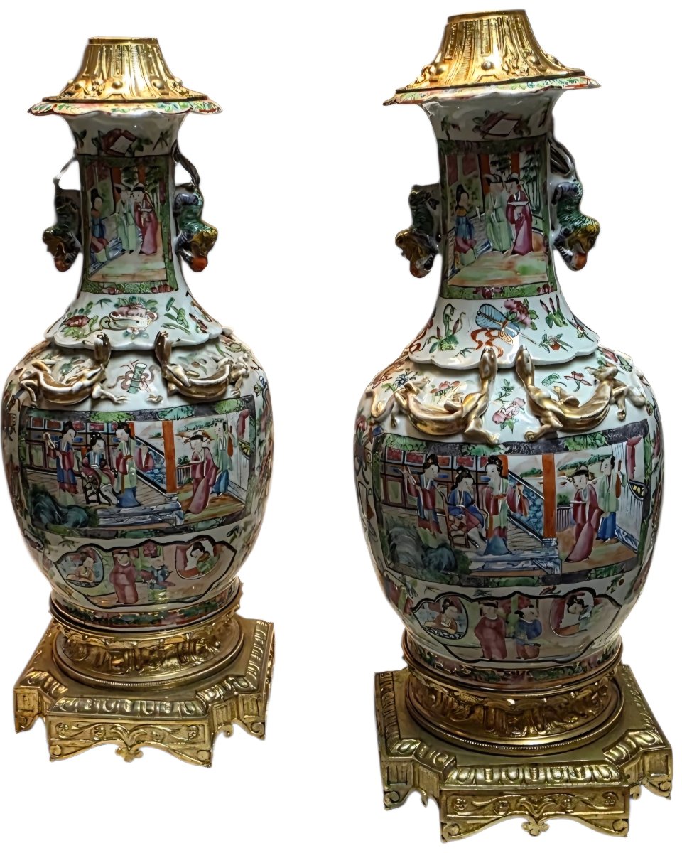 Paire de vases canton famille rose monté  bronze doré XIXème -photo-2