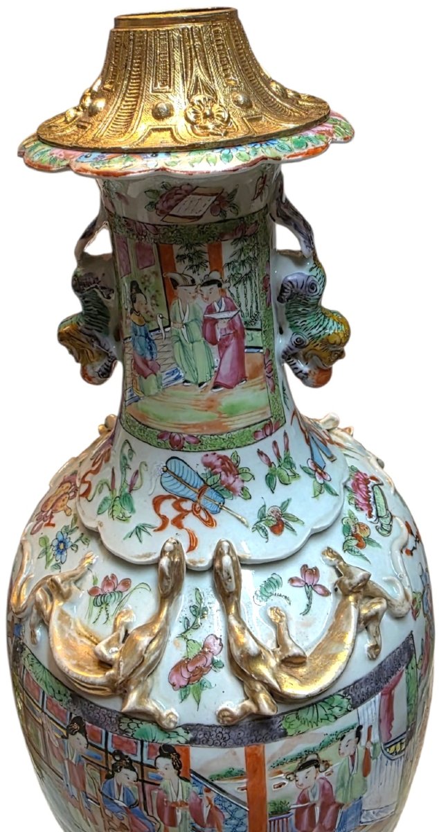 Paire de vases canton famille rose monté  bronze doré XIXème -photo-4