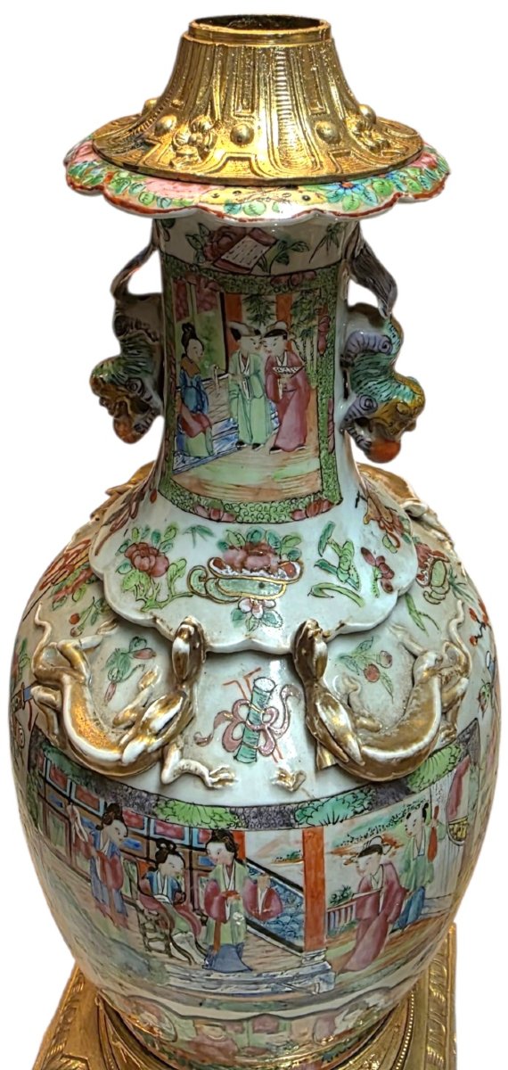 Paire de vases canton famille rose monté  bronze doré XIXème -photo-2