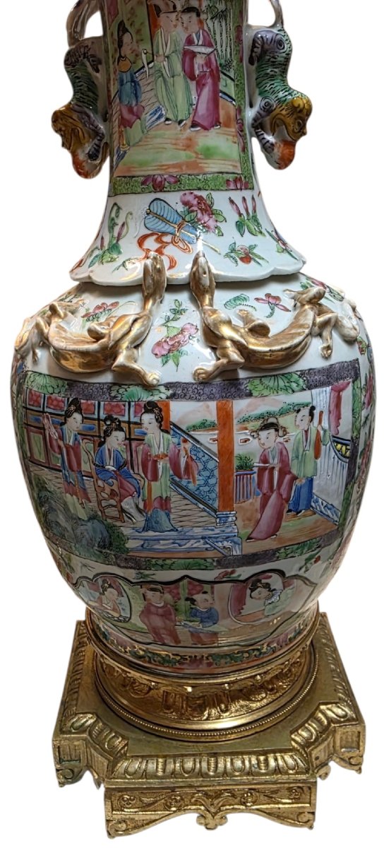 Paire de vases canton famille rose monté  bronze doré XIXème -photo-4