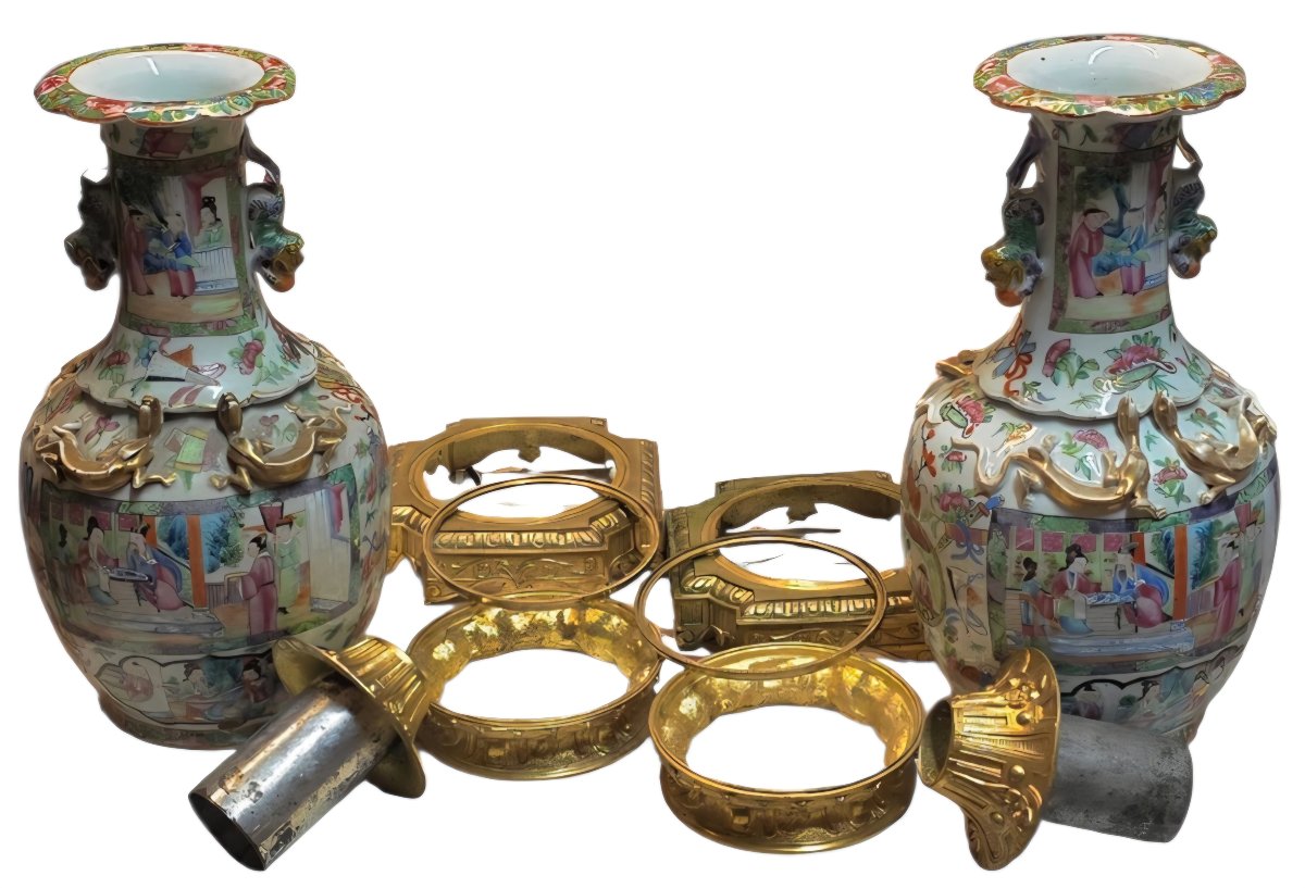 Paire de vases canton famille rose monté  bronze doré XIXème -photo-7