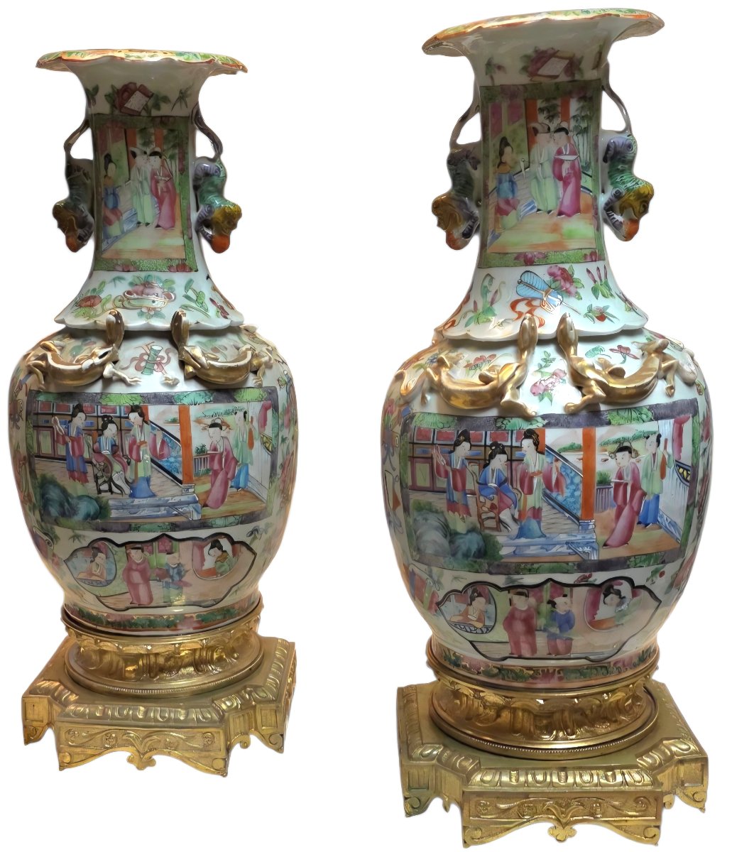 Paire de vases canton famille rose monté  bronze doré XIXème 