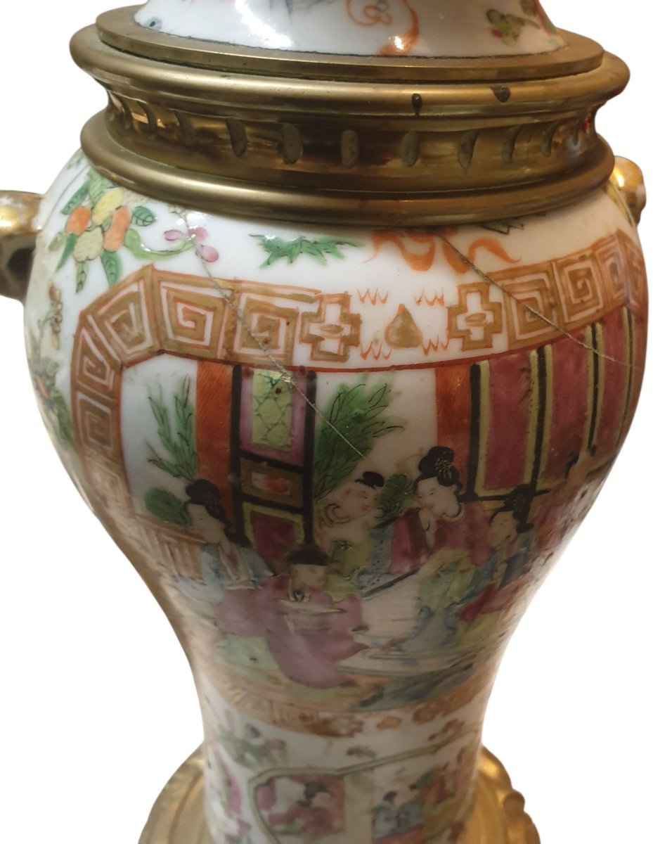 Paire de lampes en porcelaine de Canton et bronze doré a restaurer XIXeme -photo-2