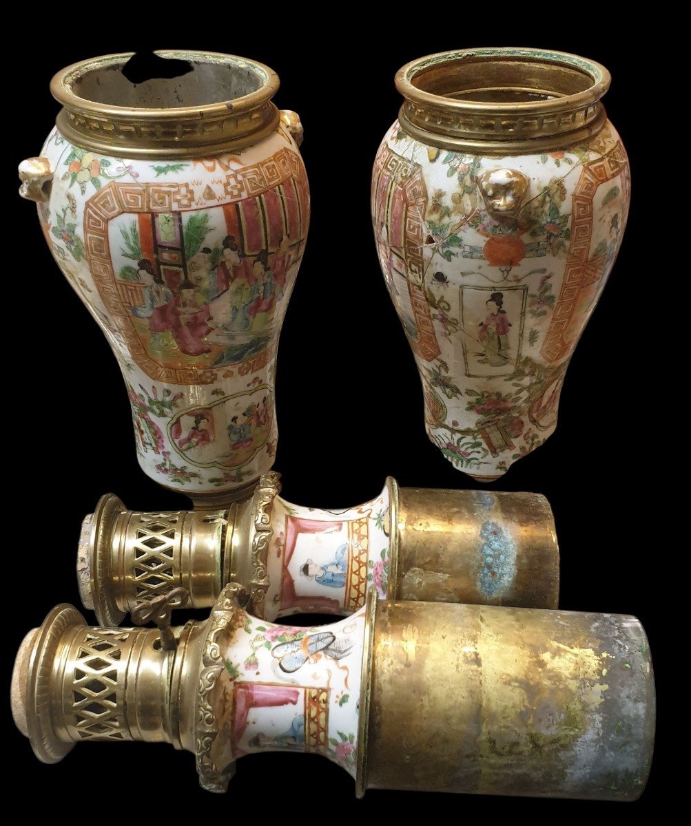 Paire de lampes en porcelaine de Canton et bronze doré a restaurer XIXeme -photo-1
