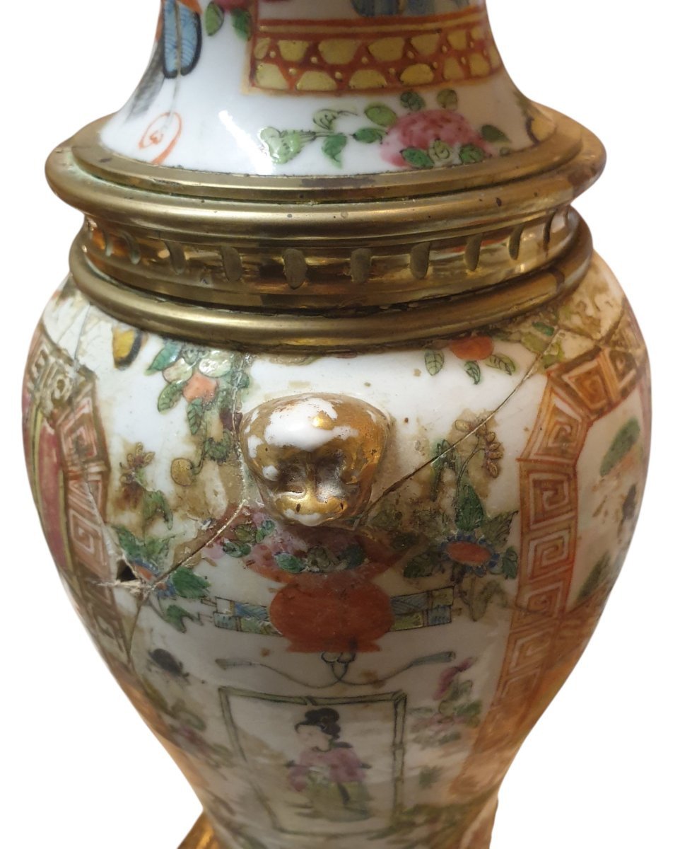 Paire de lampes en porcelaine de Canton et bronze doré a restaurer XIXeme -photo-6