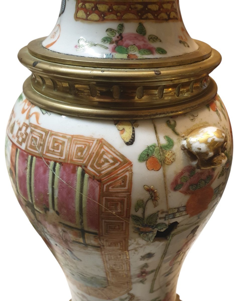 Paire de lampes en porcelaine de Canton et bronze doré a restaurer XIXeme -photo-7