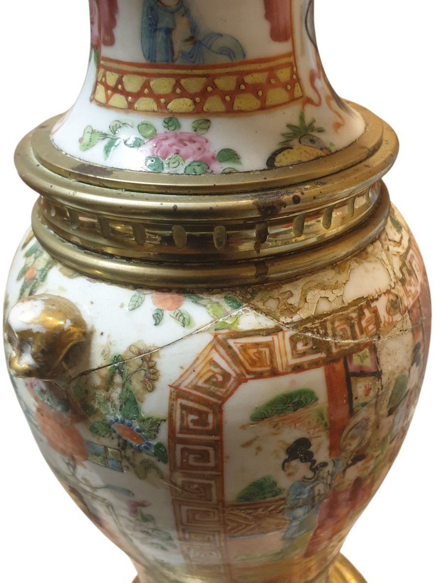Paire de lampes en porcelaine de Canton et bronze doré a restaurer XIXeme -photo-8