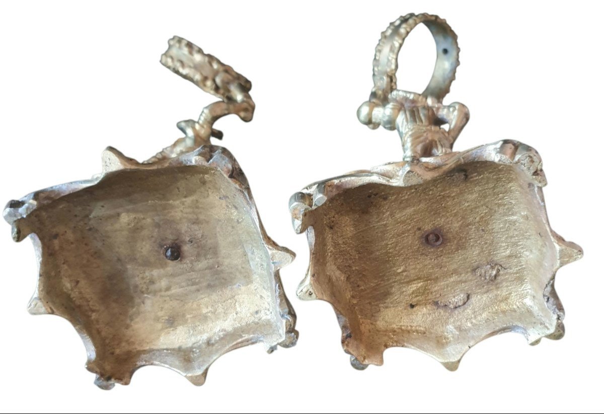 Paire de cornes d'abondance en corne naturel monture en bronze doré XIXeme -photo-4